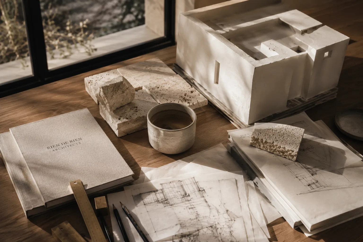 Mesa del atelier con la maqueta de escayola, el dossier de marca y planos a lápiz