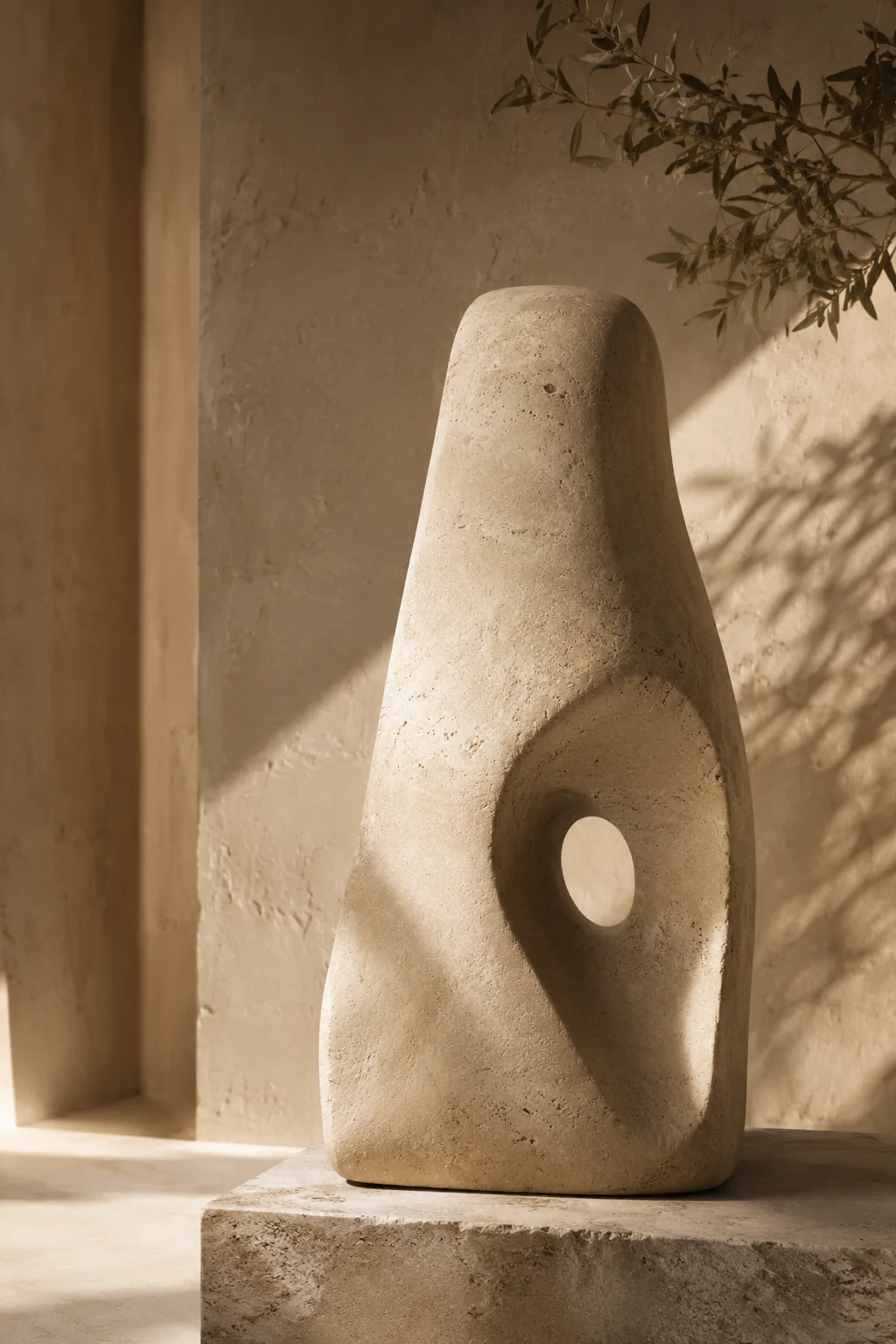 Escultura de travertino sobre un pedestal, iluminada de lado