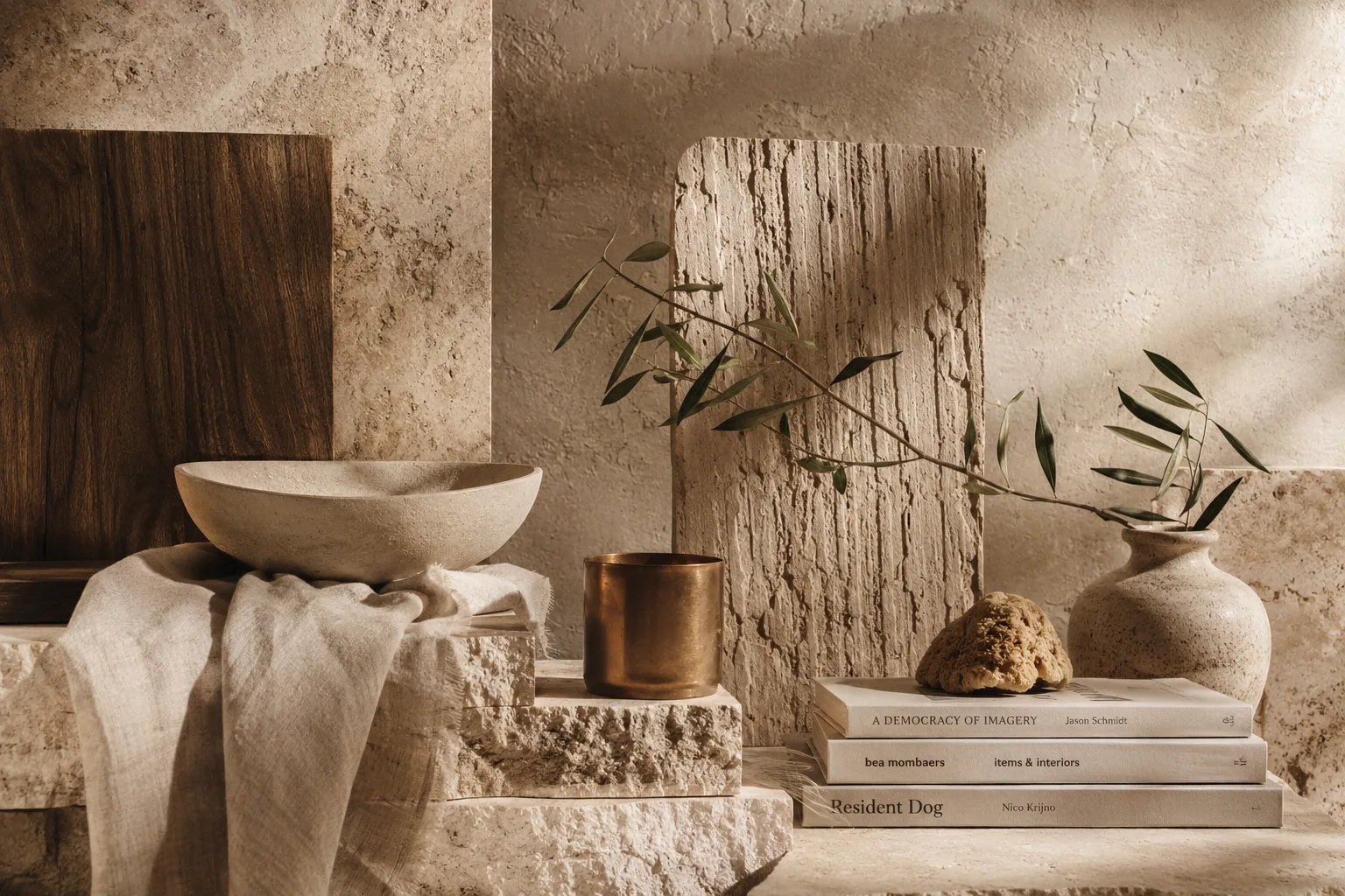 Bodegón de materiales: cuenco de piedra, lino, latón y una rama de olivo sobre travertino