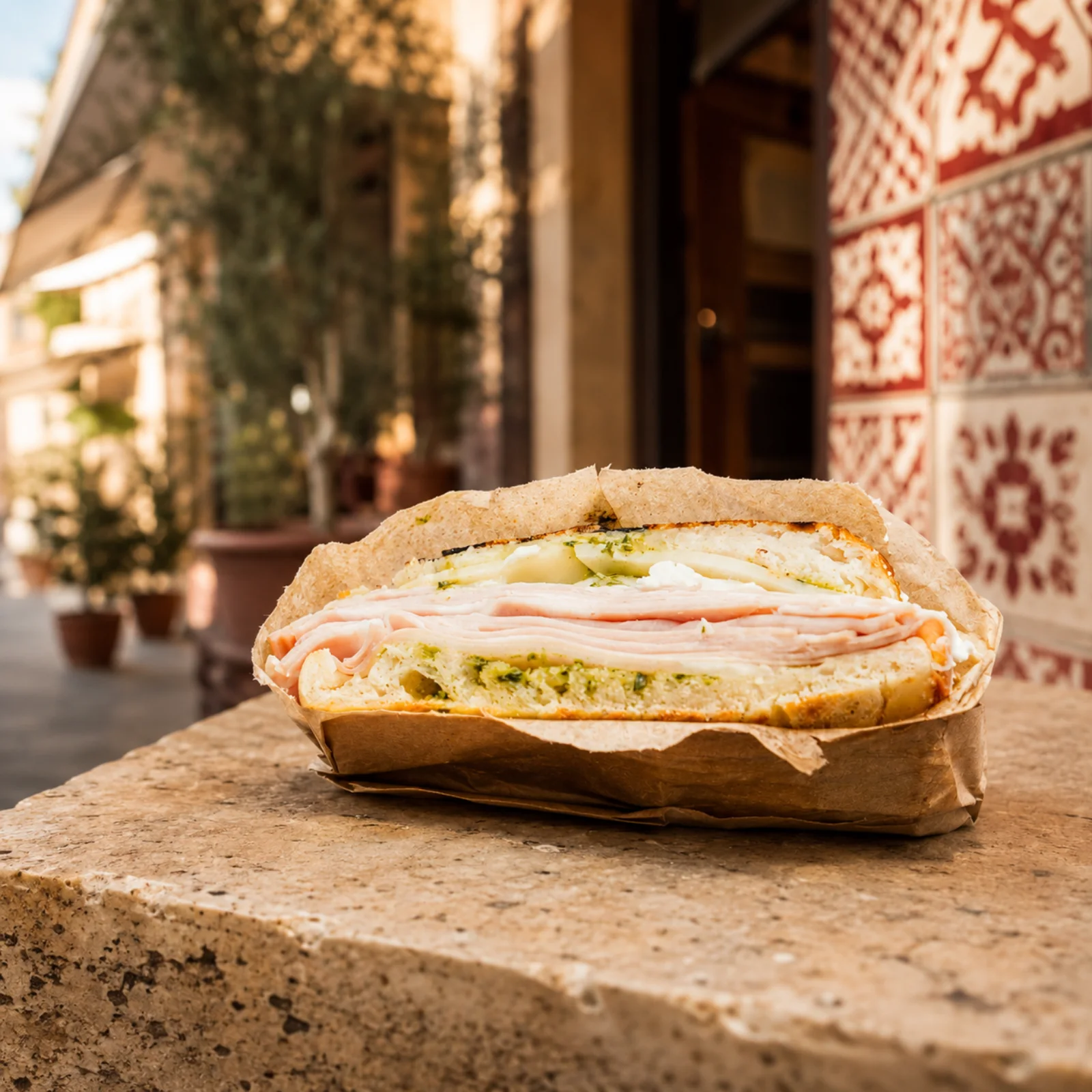 Una focaccia recién sacada, sostenida con la mano